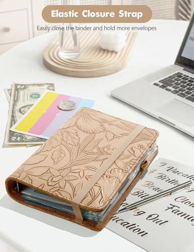 Image of A6 Budget Binder for Money Saving, Budget Planner, Money Organizer for Cash | with 8 Cash Envelopes, Budget Sheets & Rose Gold Category Stickers, PU Leather, Light Brown Embossed Floral