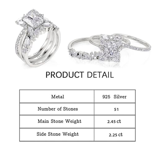 Jeulia 3 PC Interchangeable Engagement Ring Set for Women; 925 Sterling Silver Radiant Cut 2.45CT Floral Halo Wedding Ring Set Diamond CZ Bridal Set Anniversary Christmas Gift with Jewelry Box2