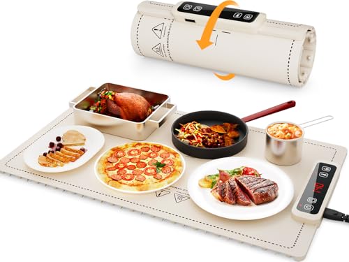 Portable Food Warming Mat for Food: Electric Real-Time Temp Display Food Warmers for Parties, Buffets, Gatherings, 5 Temp Levels, Timer, Auto Shut-Off