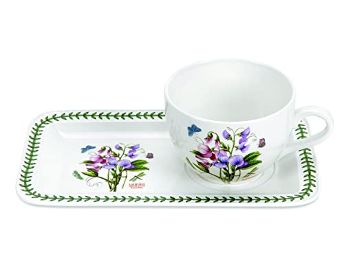 Portmeirion Botanic Garden Soup & Sandwich Set | 11.25 Inch Rectangular Tray and 20 Ounce Jumbo Cup | Sweet Pea Motif | Made from Porcelain | Microwave and Dishwasher Safe