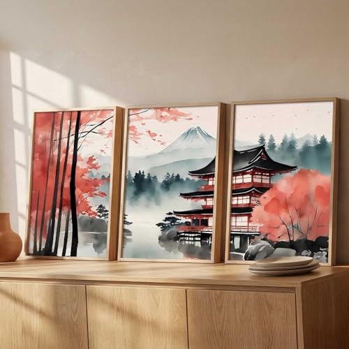 Image of kotart Big Aesthetic Mount Fuji View Wall Art Paintings | Mountain Landscape Framed Painting | Nature Art Vastu Frames for Living Room Bedroom Wall Decor Set Of 3 (20x30 Inch)