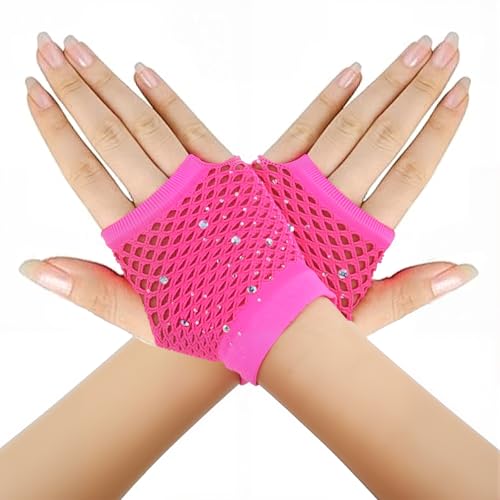 Gusruvti Short Fishnet Gloves Fingerless for Women Fashion Mesh Neon Pink Fishnets Rave Gloves for 80s 90s Neon Rave Party Favors Costume Cosplay Halloween