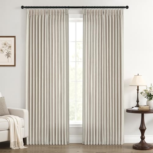 108 Inch Linen Pleated Curtains 2 Panels Set for Living Room Bedroom 2 Panels Rustic Farmhouse Back Tab Memory Trained Pinch Pleat Window Curtain Oatmeal Taupe Tan 108 Inch Length for Dining