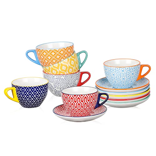 Selamica Ceramic 8 Oz Cappuccino Cup Set With Saucers, Espresso Coffee Cups, Latte Macchiato For Party Cafe Home, Christmas Gift Set Of 6, Assorted Colors #TOP15