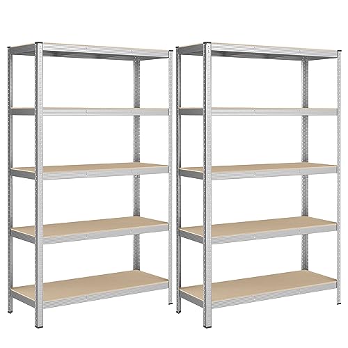 SONGMICS Juego de 2 Estanterías Almacenaje de 5 Niveles, Estantería Metálica, Modular, Garaje, Almacén, Trastero, Cocina, Carga de 750 kg, 60 x 120 x 200 cm, Plata GLR060E02