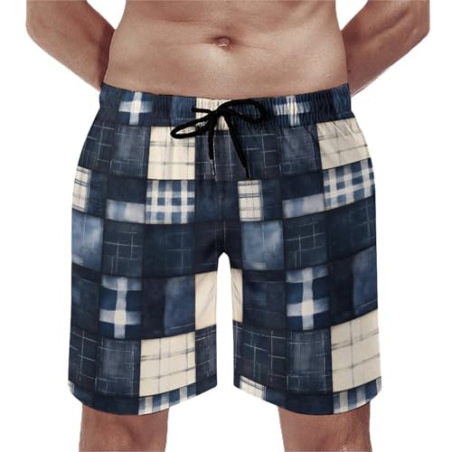 Retro Denim Plaid Print Mens Swim Trunks, Quick Dry Swim Shorts with Mesh Lining Swimwear Bathing Suits