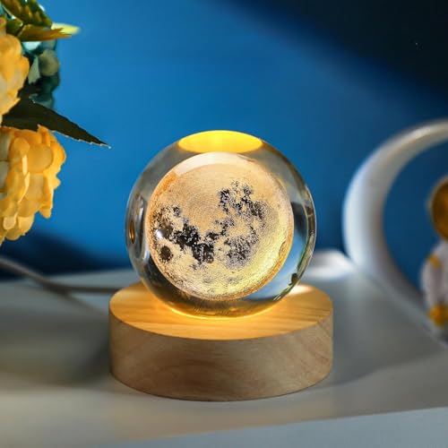 Image of Desidiya 3D New Moon Crystal Night Light Decorative Quartz Glass Ball Bedroom Table Light, Engraved Model Astronomy Decor, Universe Gift for Loved Ones