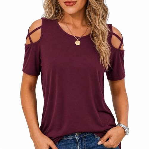 Image of Jar of Love Women's Summer Tops Short Sleeve Cold Shoulder Tops T-Shirts for Women Spring Summer Tops Loose Fit Tunic 2026