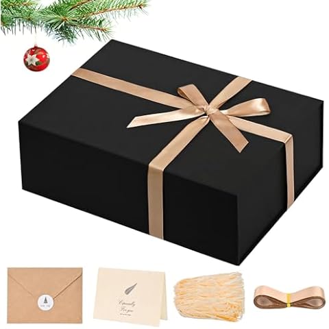 LIFELUM Large Gift Box 13.01"x10"x5" Christmas Gift Boxes for Presents for Anniversary Wedding Birthday, Black Gift boxes with Shredded Filler Card Ribbon Cover