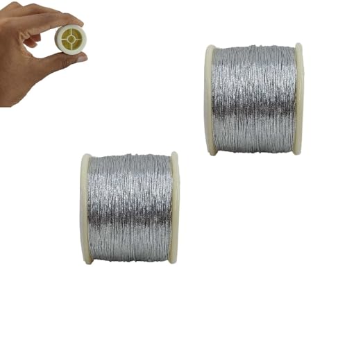 Image of Zari Metallic Threads 0.1 MM (2 Rolls) Silver Color for Aari Work Garment Embroidery Sewing Needlework Crafts