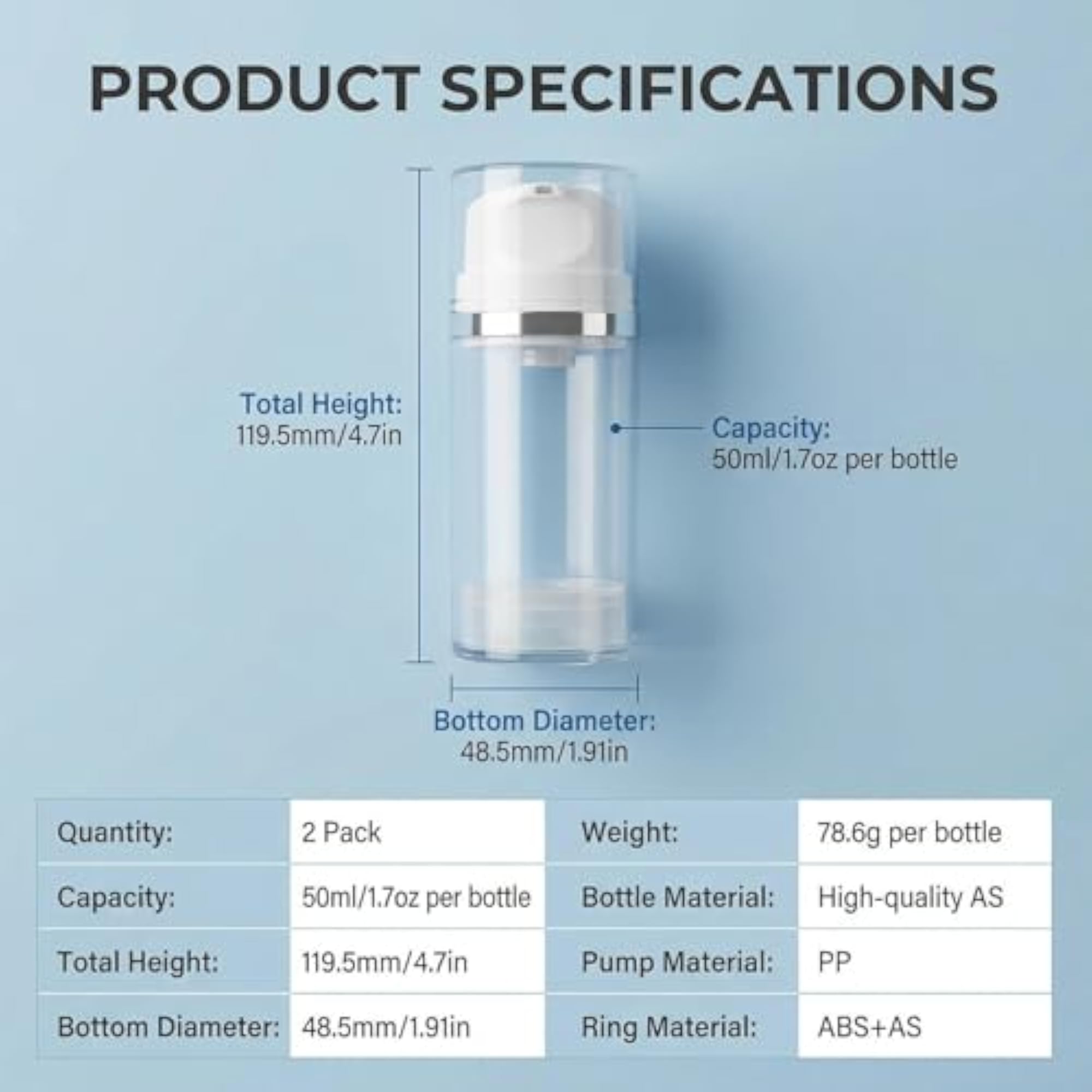 2Pcs Clear Plastic Airless Lotion Pump Bottles