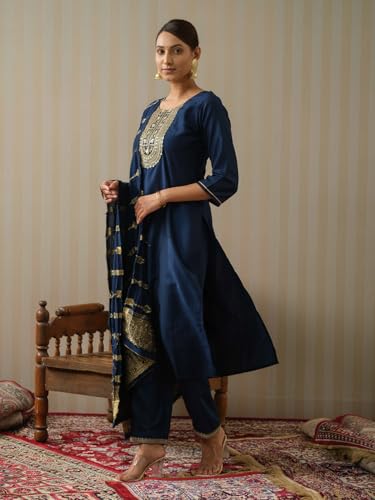 Image of Kaari Women's Embroidered Kurta Set with Pant & Dupatta | Ethnic Kurta Set for Women | Straight Fit | Round Neck | Festive, Wedding, Ceremony