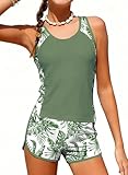 blibean Teen Girls Tankini Swimsuit Big Kids 2 Piece Bathing Suit Tween Trendy Family Matching Set Swim Shorts Tops Floral Beach Clothes Swimwear Traje Baño Niñas Size 10-11 Year Army Green