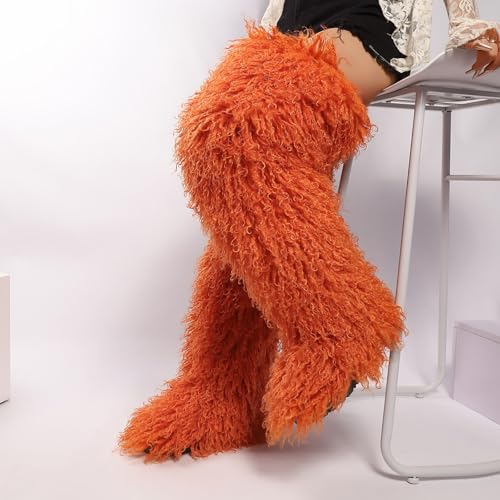 Image of Black Thigh High Fur Boots, Over the Knee Fluffy High Boots, Tall Furry shoes for Women