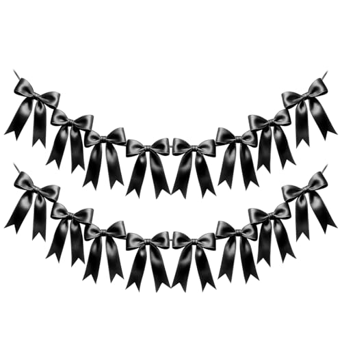 Image of 2 Strings of 16PCS Black Bow Garlands Banner Decoration,Pre-Strung Satin Ribbon Ornaments for Birthday,Bachelorette Party,Bridal Shower,Wedding,Engagement,Baby Shower, Graduation Decor,Anniversary