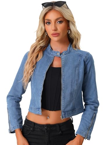 Allegra K Denim Jacket for Women's Long Sleeve Zip Up Casual Jean Jackets