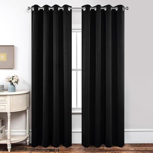 Image of Joydeco Blackout Curtains for Bedroom 66 x 90 Inch, Eyelet Thermal Insulated Energy-saving Drapes for Room Darkening Light Filtering, Long Window Treatments 90 Inch Drop, 2 Panels - Black
