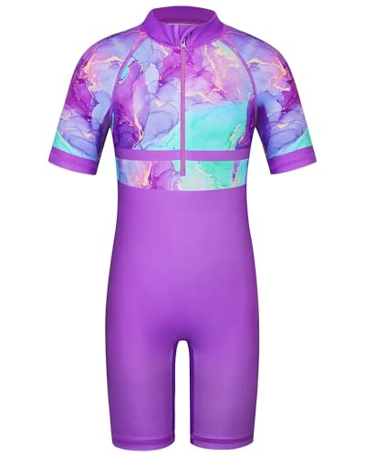 Image of TFJH E 1PCS Girls Short Sleeve Swimsuits UV 50+ Bathing Suits Sunsuits Zipper 2-14Y