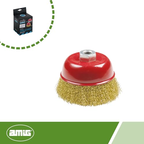 Amig - Muffenbürste Mod. 35210 | 100 x 0,3 x 28 mm | Vermessingter Stahldraht | Mit M14-Gewindehülse | Für große Flächen im Kesselbau |Verwendung mit Handwerkzeugen