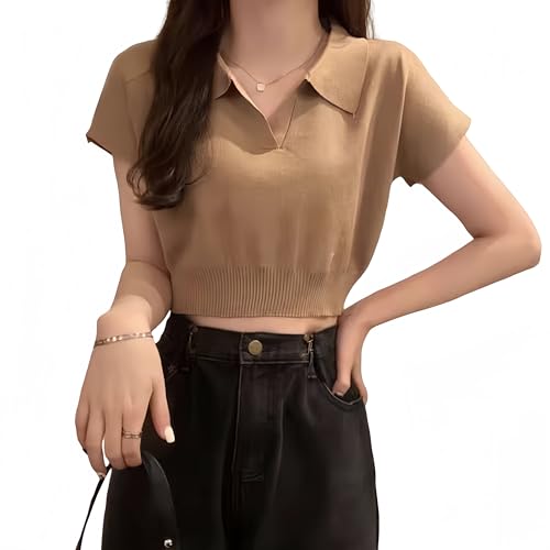 LAI DE RUI Camiseta feminina sexy de verão manga curta gola V curta cor sólida polo tricotado, Caqui