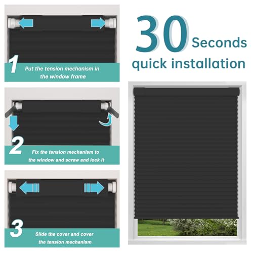Image of No Drill No Tools Blackout Cellular Shades,Cordless Blinds for Indoor Windows,Room Darkening Window Shades Honeycomb Blinds for Bedroom,Office,Home,Black,20 inch w x 36 inch h