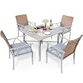 YITAHOME 5-Piece Patio Dining Set, Outdoor Wicker Conversation Furniture w/2" Umbrella Hole Imitation Wood Grain Dining Table for Backyard, Balcony and Garden