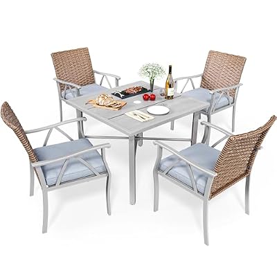 YITAHOME 5-Piece Patio Dining Set, Outdoor Wicker Conversation Furniture w/2" Umbrella Hole Imitation Wood Grain Dining Table for Backyard, Balcony and Garden