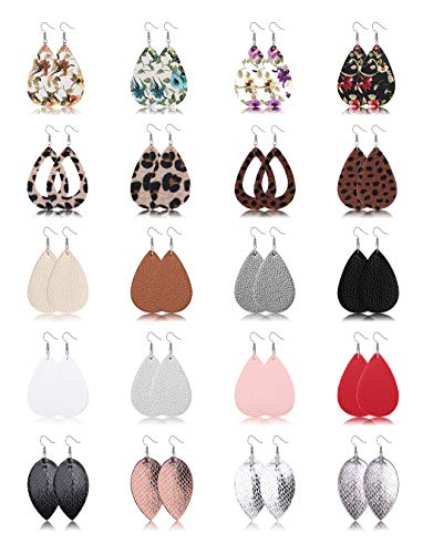 Finrezio 20Pairs Teardrop Leather Earrings for Women Girls Lightweight Statement Dangle Earrings Leaf Leopard Print Earrings Set