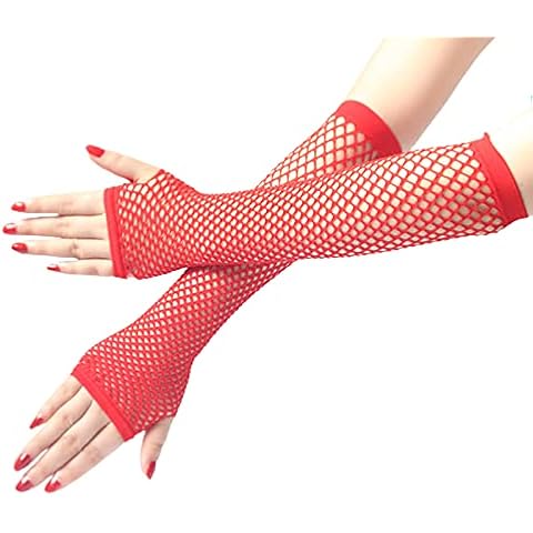 Fishnet Gloves,1 Pair Women Gloves Arm Cover Nylon Elbow Length Half Finger Mesh Gloves Costume Accessory for Party,Wedding,Cosplay Red Cover