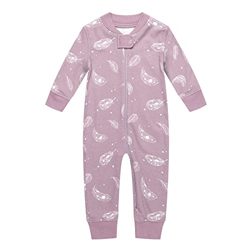 Owlivia Organic Cotton Baby Boy Girl Zip Up Sleep N Play, Footless Baby Romper, Long Sleeve Baby Pyjama (6-12 Months, Feather)