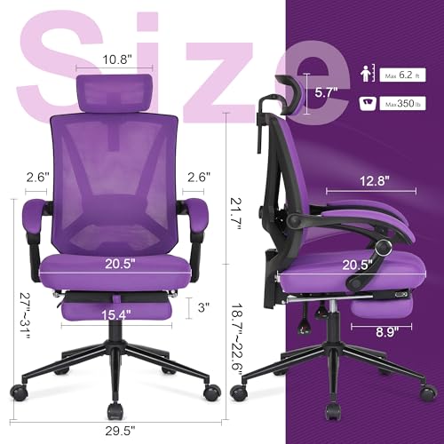 Image of Misolant Ergonomic Office Chair with Footrest, Ergonomic Desk Chair with Adjustable 2D Lumbar Support, High Back Computer Chairs with Adjustable Headrest, Purple Comfortable Executive Office Chair