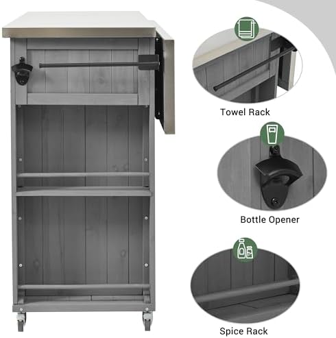Outdoor Kitchen Island Fir Wood Kitchen Island with Stainless Steel Top,Ample Storage Space, Towel and Spice Racks and a Bottle Opener for Outdoor (Grey@53)