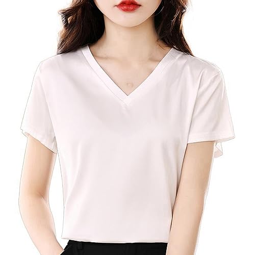 T-shirt en satin col V blanc anti-froissement chemise bureau femme