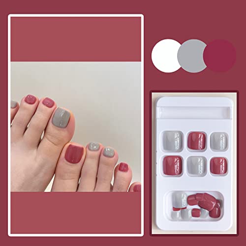 Solid Color Press On Toe Nails Pink And Gray Square Fake Toenails Glossy Acrylic Short False Toe Nail For Women Full Cover Foot Nails Design Toenail Tips 24Pcs #TOP4