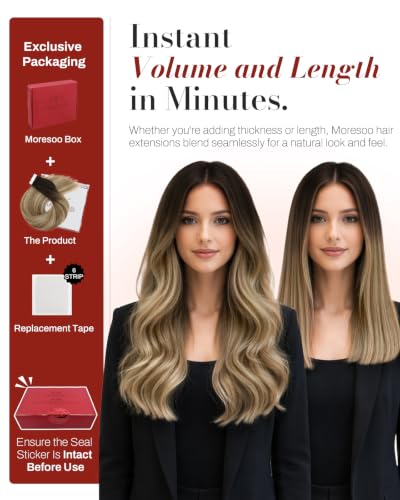 Image of Moresoo Tape in Human Hair Extensions Dark Brown Blonde 16in 20Pcs 50g | Human hair tape in extensions, low-contrast blonde ribbons, skin weft tabs, medium length for office and travel styling