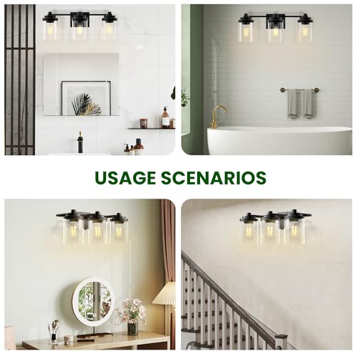 Image of Bathroom Vanity Light Fixture, 3-Light Modern Black Vanity Light Fixtures with Clear Glass Shade, Matte Black Bathroom Light Fixtures Over Mirror, Rustic Restroom Lighting Fixtures