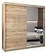 Kryspol Schwebetürenschrank York 2-200 cm mit Spiegel Kleiderschrank mit Kleiderstange und Einlegeboden Schlafzimmer- Wohnzimmerschrank Schiebetüren Modern Design (Sonoma)