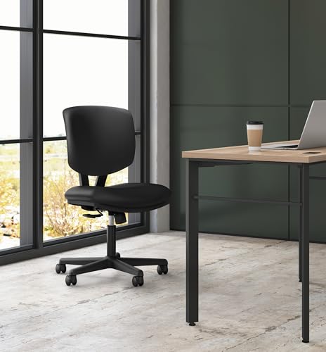 Image of HON Volt Ergonomic Office Chair with Bonded Leather Seat and Back, Armless Desk and Computer Chair with Adjustable Center‑Tilt Recline and Wheels for Home Office or Workstation, Black