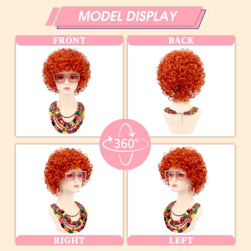 Image of Women Roper Curly Orange Red Cosplay Wig with Necklace Earrings and Sunglasses for Women Hallween Costume Wig