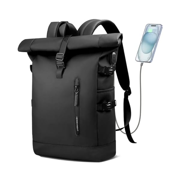 Rolltop Backpack, 15.6 Inch Waterproof Laptop Backpack with USB Charging Port, Expandable 18-27L Travel Backpack for Men Women, Casual Daypack for Work Business College-Black