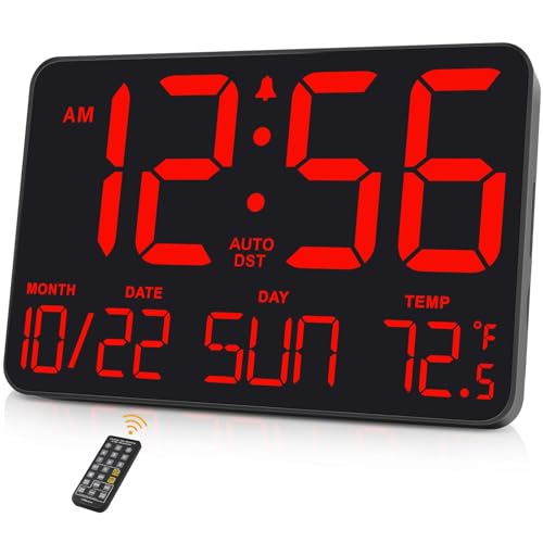 Soobest Large Display Digital Wall Calendar Clock with Date Day of Week, Alarm Clock for Bedroom Desk, Timer for Home Gym Workout 6 Dimmer Auto DST 12/24hr with Remote and Temperature(Red)