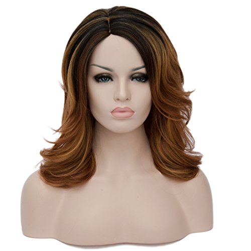 Topwigy Women's Synthetic Wig Medium Long Curly Wig 2 Tone Heat Resistent Costume Ombre Black to Brown Wig +Wig Cap 16" 45CM