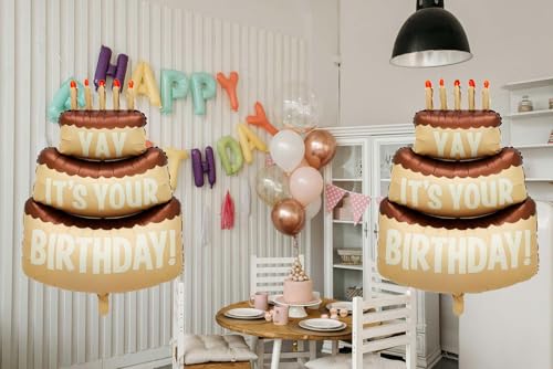 Image of Happy Birthday Large Cake Foil Balloons 40 Inch Three-Layer Big Cake Happy Birthday Cream Coffee Mylar Helium Balloon for Girls Boy Women Kids Baby Shower Birthday Party Decorations Supplies 2 Pcs