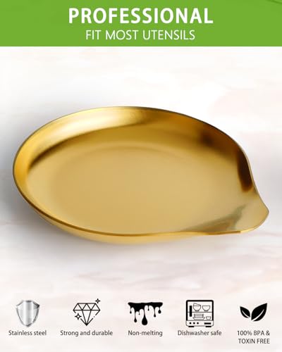 Image of VanlonPro Stainless Steel Spoon Rest, Spatula Ladle Holder, Stainless Steel Utensil Spoon Rest Holder, Brushed Finish, Dishwasher Safe 5.9 x 5.1 Inch (Round Gold 1PC)
