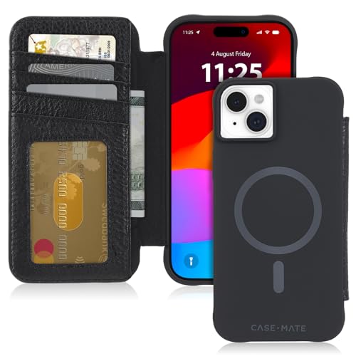 Étui portefeuille iPhone 15 Plus Case-Mate cuir véritable MagSafe noir