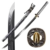 Handmade Japanese Katana Sword - Hand Forged Full Tang Samurai Sword 1095 Steel/T10 Steel Clay Tempering/Damascus Steel/Damascus Steel Clay Tempering, Copper Tsuba, Genuine Ray Skin