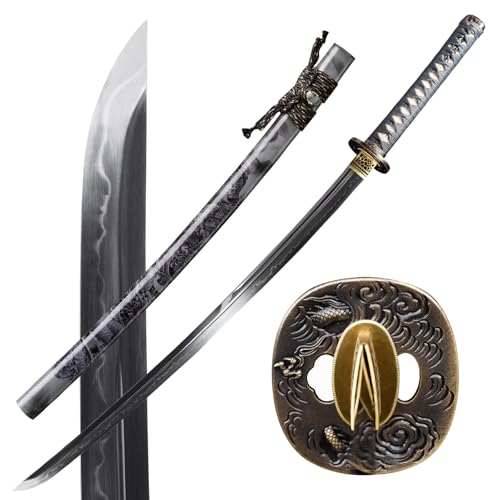 Handmade Japanese Katana Sword - Hand Forged Full Tang Samurai Sword 1095 Steel/T10 Steel Clay Tempering/Damascus Steel/Damascus Steel Clay Tempering, Copper Tsuba, Genuine Ray Skin