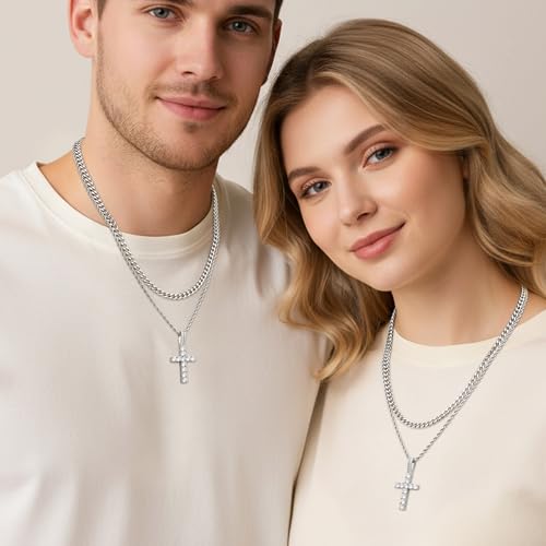 Fiusem Layered Cross Necklace for Men, Silver Tone/14K Gold Plated Mens Necklace Chain with Cubic Zirconia Cross Pendant, Stainless Steel Cuban and Rope Chain - Image 4