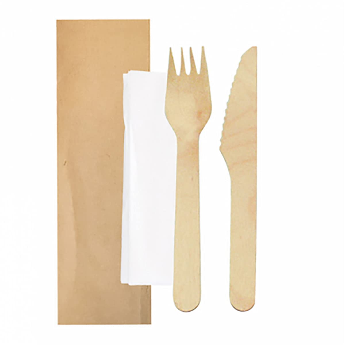 Pack of 100 – Set of Fork, Knife, Napkin Pockets Kraft 'Makan' 16 cm Natural Wood