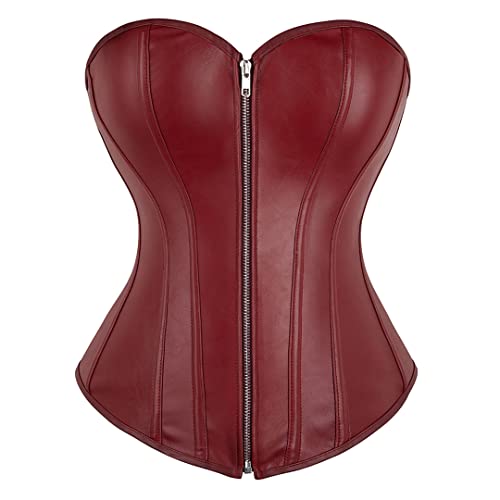 Kranchungel Espartilhos femininos plus size couro sintético steampunk corpete com zíper, Vinho tinto